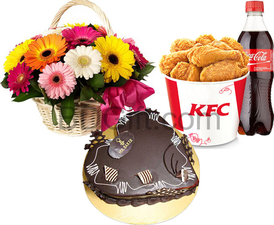 (30) Cake W/ KFC- 8 Pcs Chicken W/ Pepsi & 12 pcs Mixed Gerberas in Bouquet