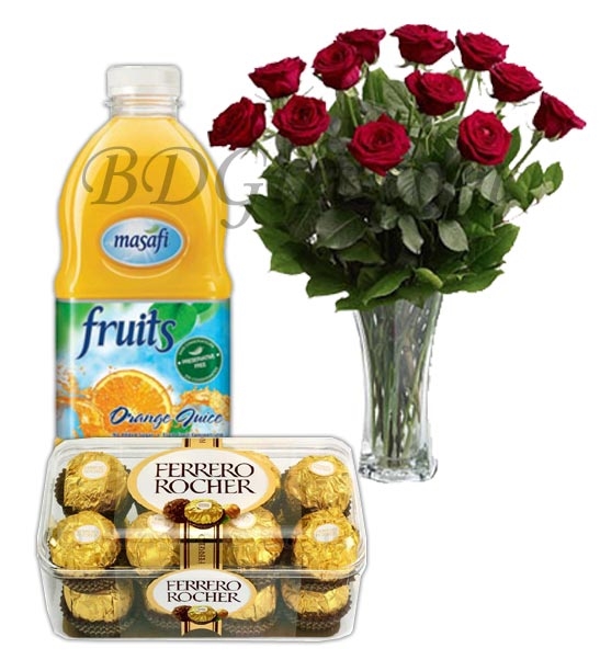 Chocolate W/ Juice & Roses in a vase
