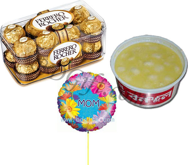 Ferrero rocher chocolates with mom balloon & rosmalai