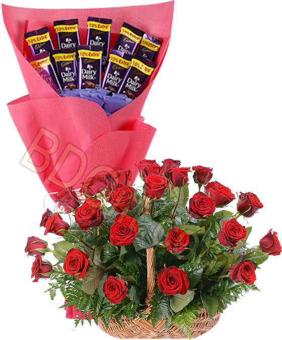Roses in basket and chocolate bouquet