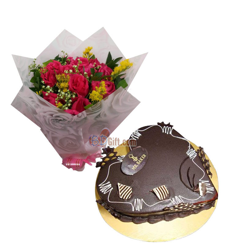 Heart-Shaped Chocolate Cake & Red Roses