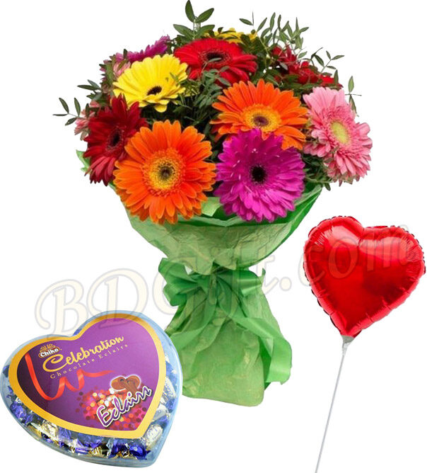 Mixed gerbera with balloon and chocolate