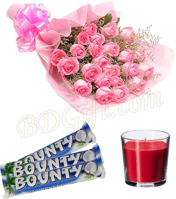Pink roses with chocolate and candle