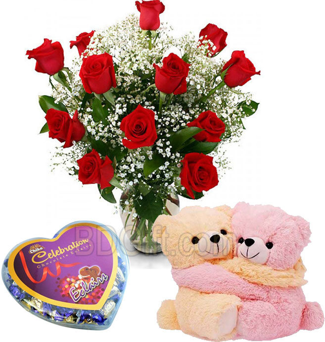 Red roses W/ bear & chocolate