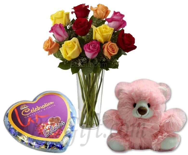 Mixed Roses W/ Bear and Chocolates