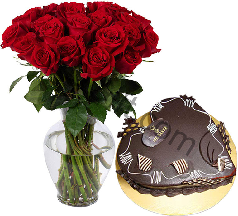 Cake w/ 2 dozen Red Roses in a vase