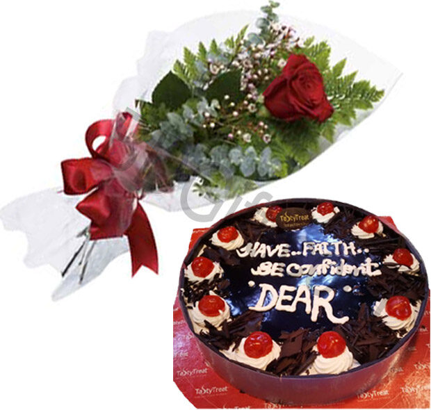 Black Forest Heart Cake w/ 1 Piece Red Rose