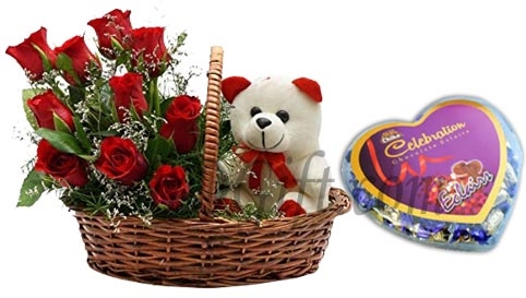 Red Rose W/ Teddy Bear & Chocolate