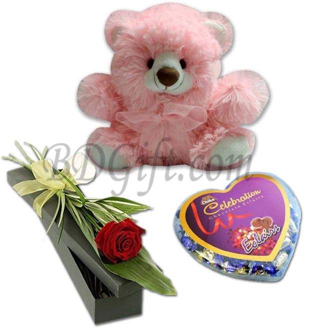 (62) 1 Pcs Red Roses W/ Bear & Chocolate