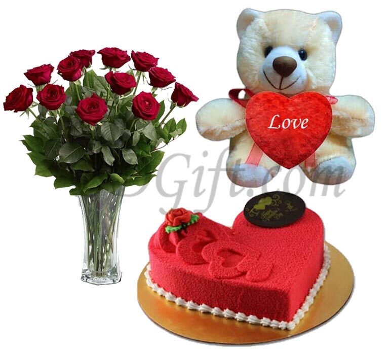 Red roses W/ Cake & Teddy bear