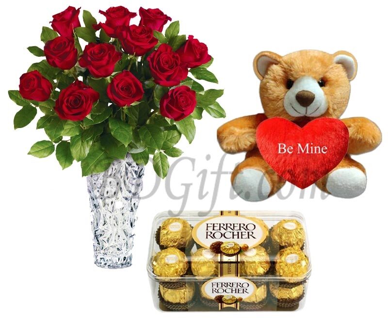 Teddy bear W/ Chocolates & Red roses