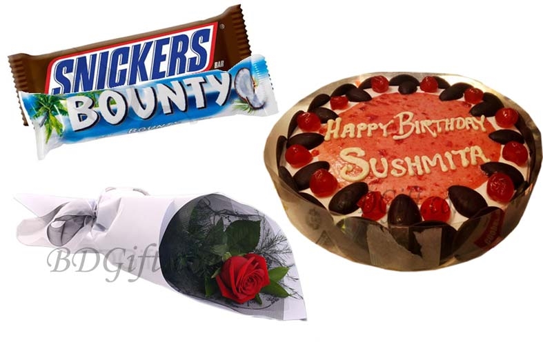 Cake W/ red rose & chocolates