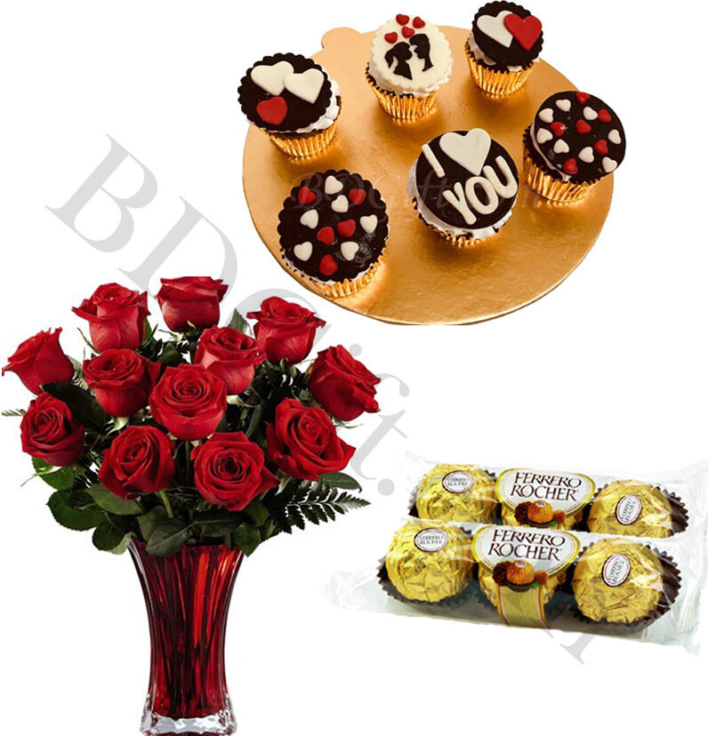 Cupcake W/ red roses & chocolates