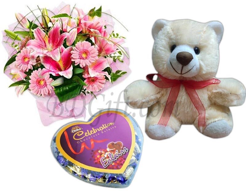 Lily, Gerbera & Carnation in bouquet W/chocolate & Bear