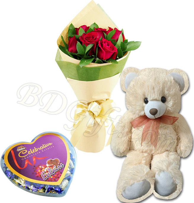 Red roses W/ chocolate and Bear
