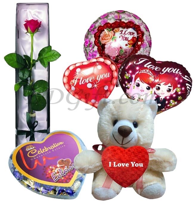 Bear W/ Rose, Chocolate & Balloons