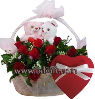 2 dozen red roses in basket W/ Twin Bear & chocolate