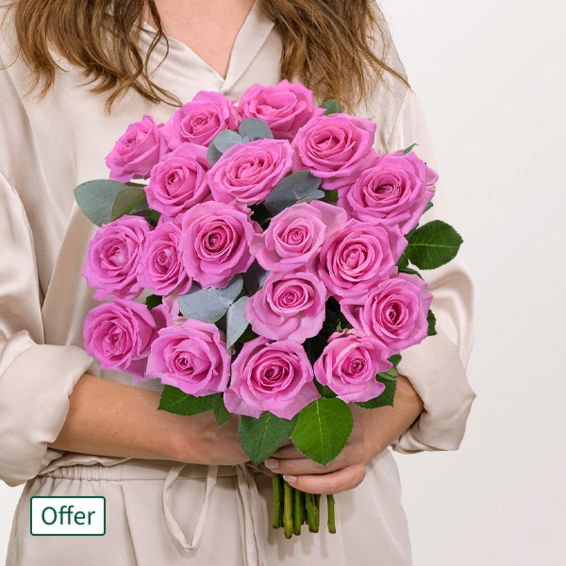 18 pink roses with eucalyptus