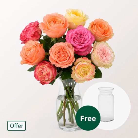 10 Filled, Pastel Coloured Roses in a Bouquet with vase