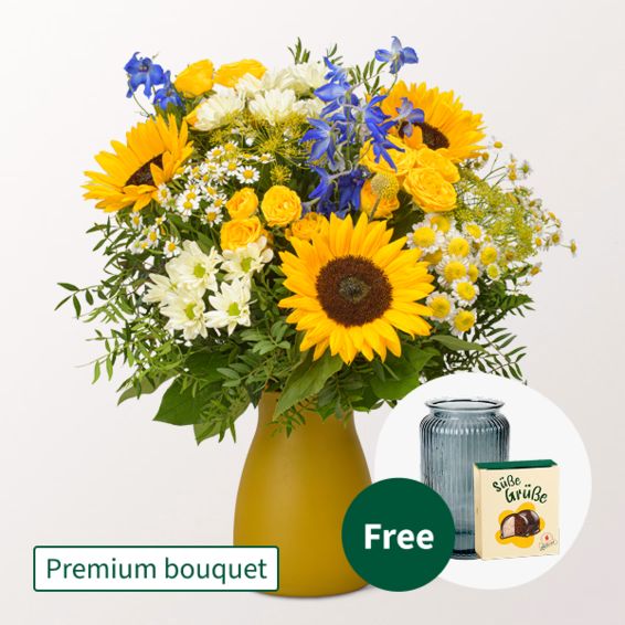 Premium Bouquet SonnenglÃ¼hen with Premium Vase & Halloren Balls