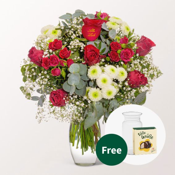 Flower Bouquet â€žAlles Liebeâ€œ with Halloren Balls & vase