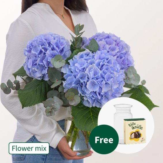 Blue Hydrangea with Eucalyptus with Halloren Balls & vase