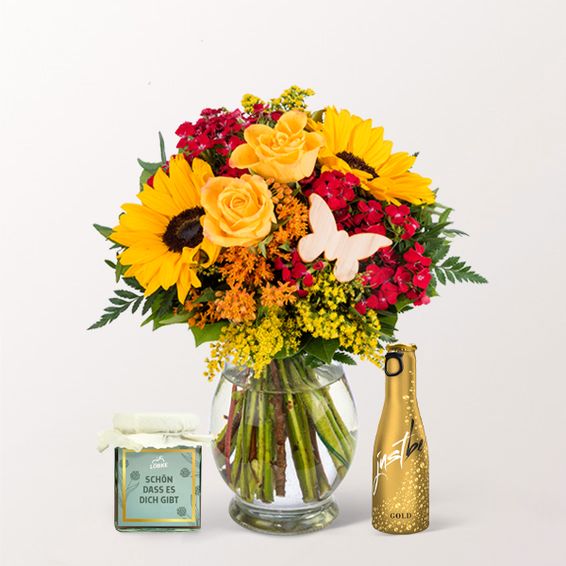 Flower Bouquet SommergefÃ¼hl with â€žJust Beâ€œ Gold Vino & Strawberry Jam & vase