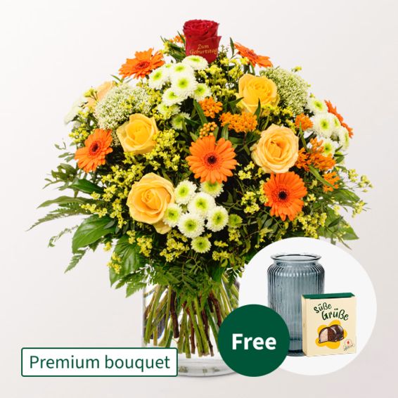 Premium Bouquet â€žZum Geburtstagâ€œ with Premium Vase & Halloren Balls