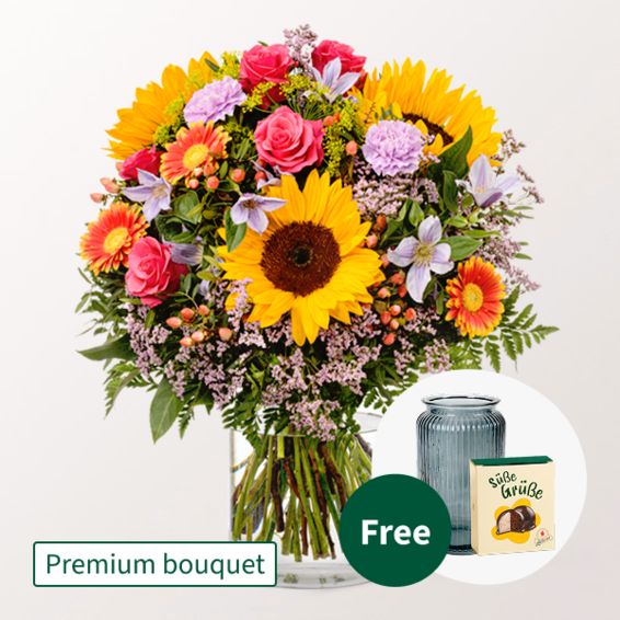 Premium Bouquet Farbenfreude with Premium Vase & Halloren Balls