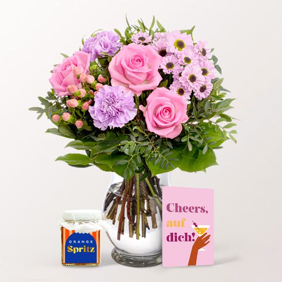 Flower Bouquet Freude with Greeting Card & Orange Spritz Spread & vase
