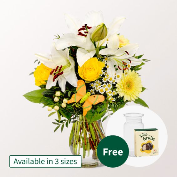 Flower Bouquet Sonnengelb with Halloren Balls & vase (Classic  13 stems)