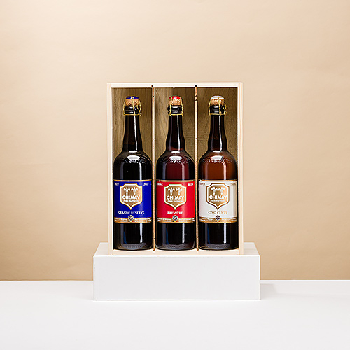Tasting Chimay beer in a wooden crate