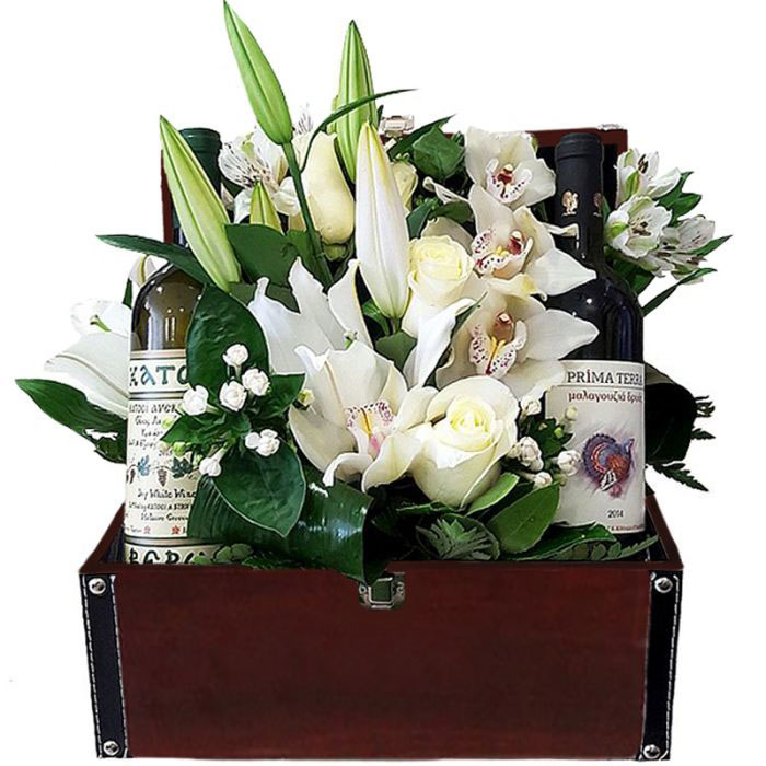 White Flowers And Wine In Leather Chest