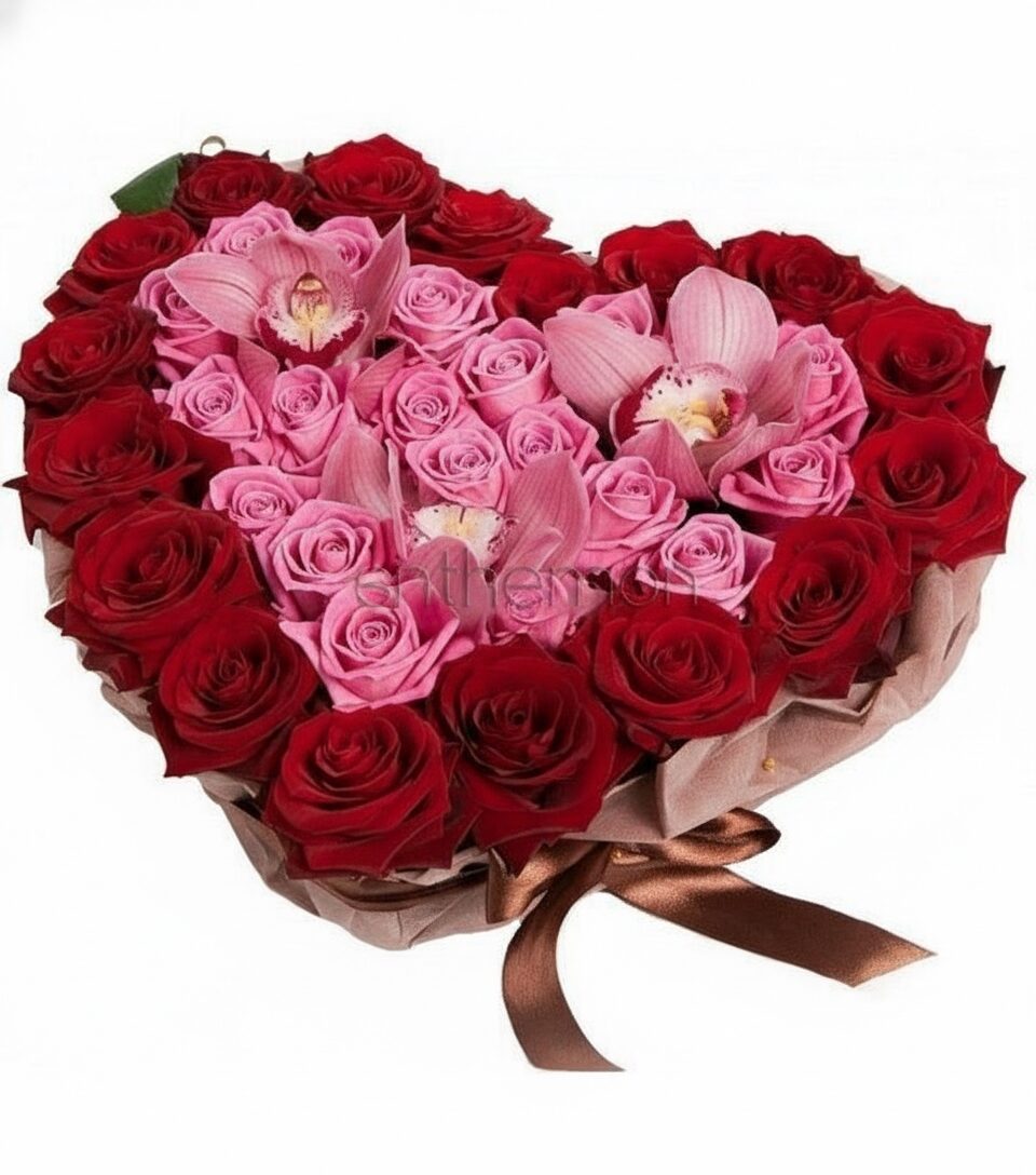 Red And Pink Heart With Roses And Orchids
