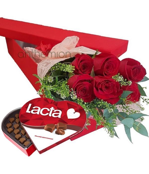 Floral gift box with 6 red roses and chocolates