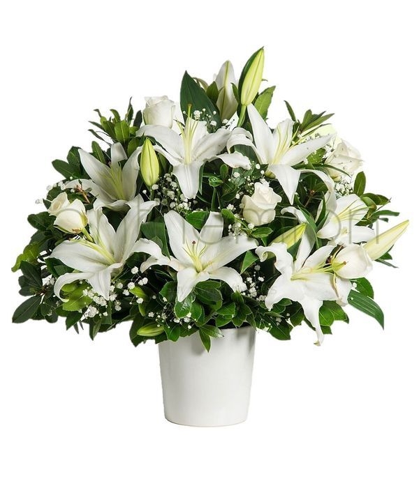 White flower arrangement in ceramic pot (Basic)
