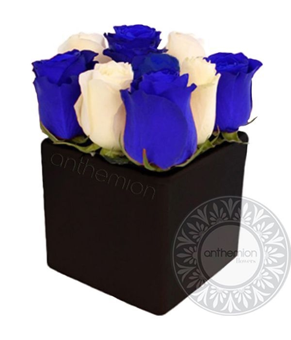 Blue and white roses in a cube (Basic)