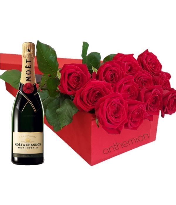 Gift box with red roses and MOET 700ml