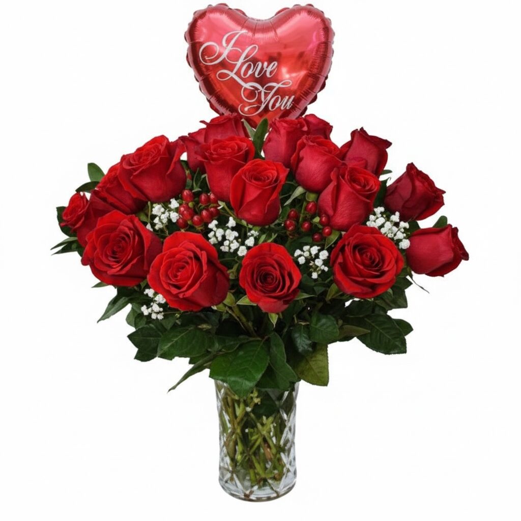 18 roses in glass vase + medium balloon