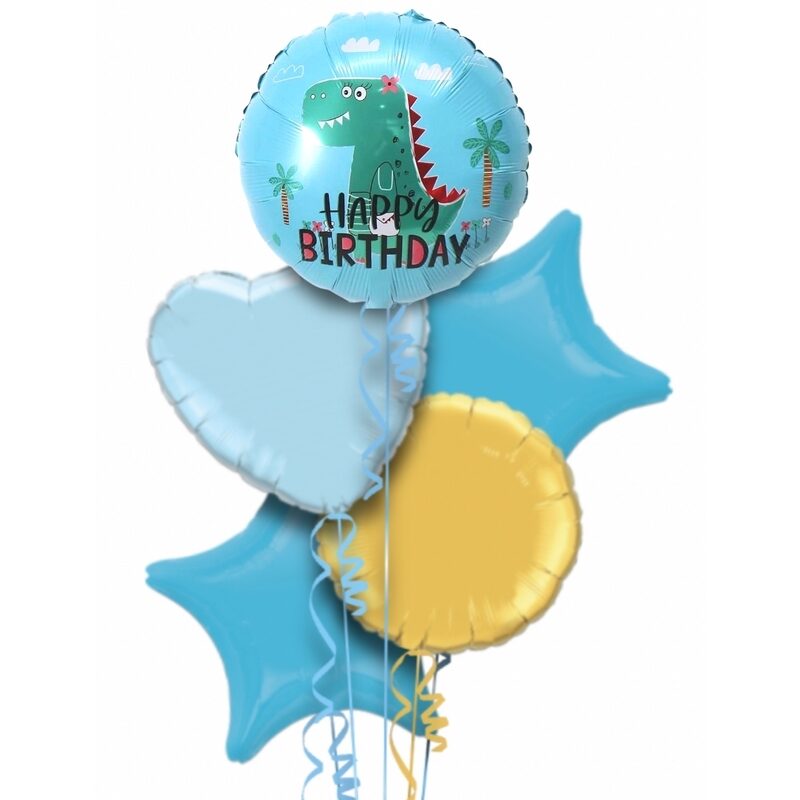 Dinosaur Blue Happy Birthday Balloon Bouquet With Free Lily O Brien Chocolate Set