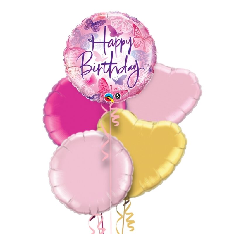 Pink Butterfly Happy Birthday Balloon Bouquet With Free Lily O Brien Chocolate Set