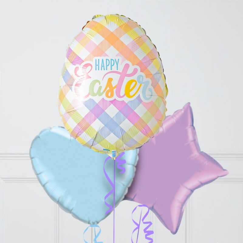 Pretty Plaid Easter Egg Hearts Inflated Foil Balloon Bunch (4 Balloons)