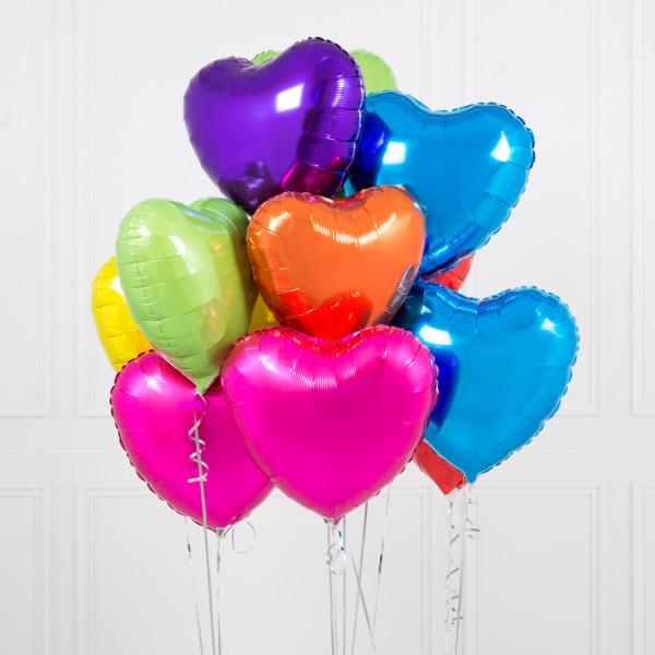 Ten Rainbow Bright Hearts Foil Balloons