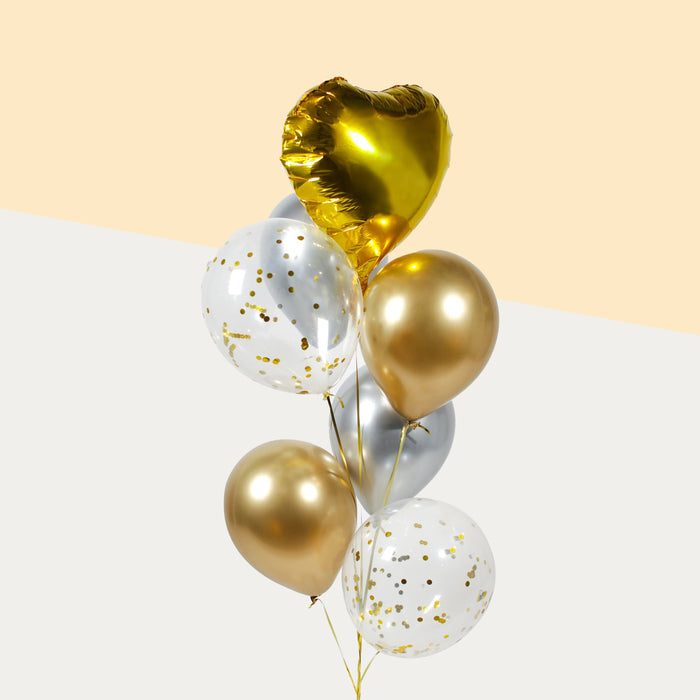 Metallic & Confetti Helium Balloons + Foil Heart Balloon 7 pieces
