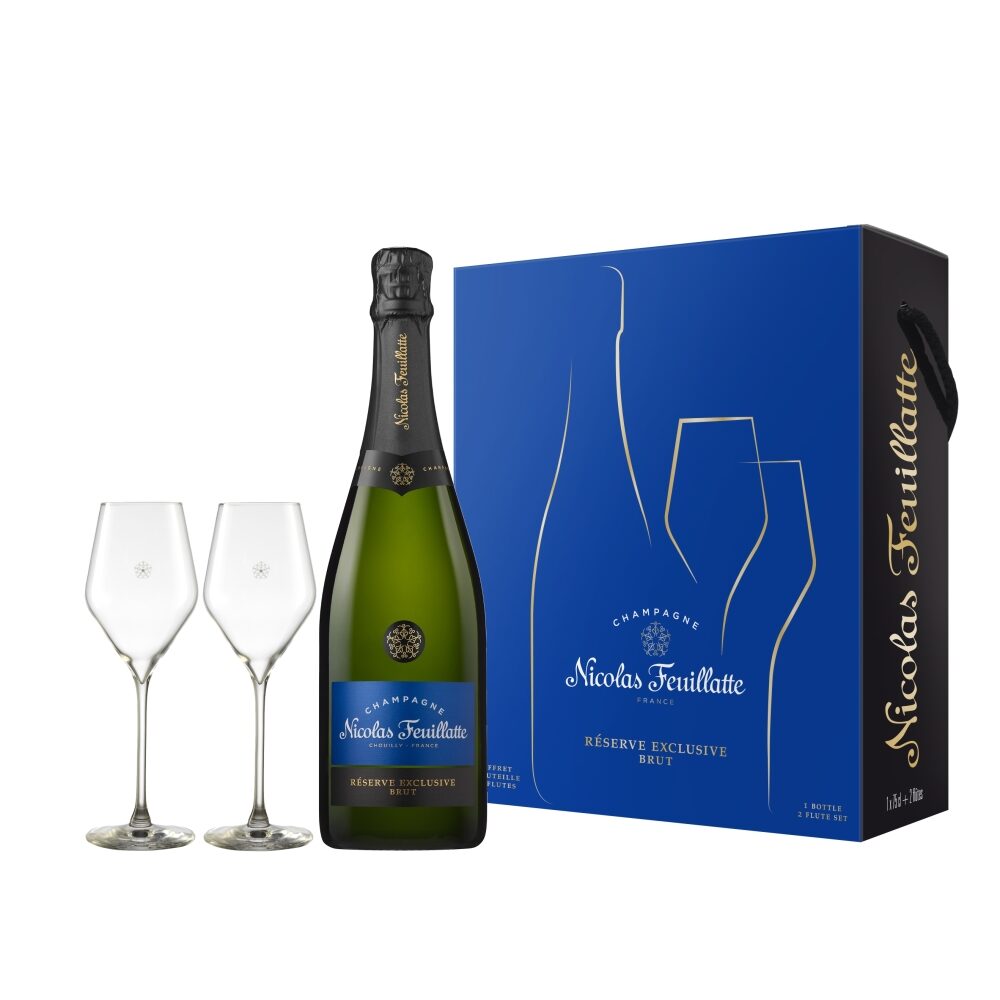 Nicolas Feuillatte Champagne, Reserve Exclusive, Champagne, France, White – Brut, 75cl with 2 Champagne Flutes