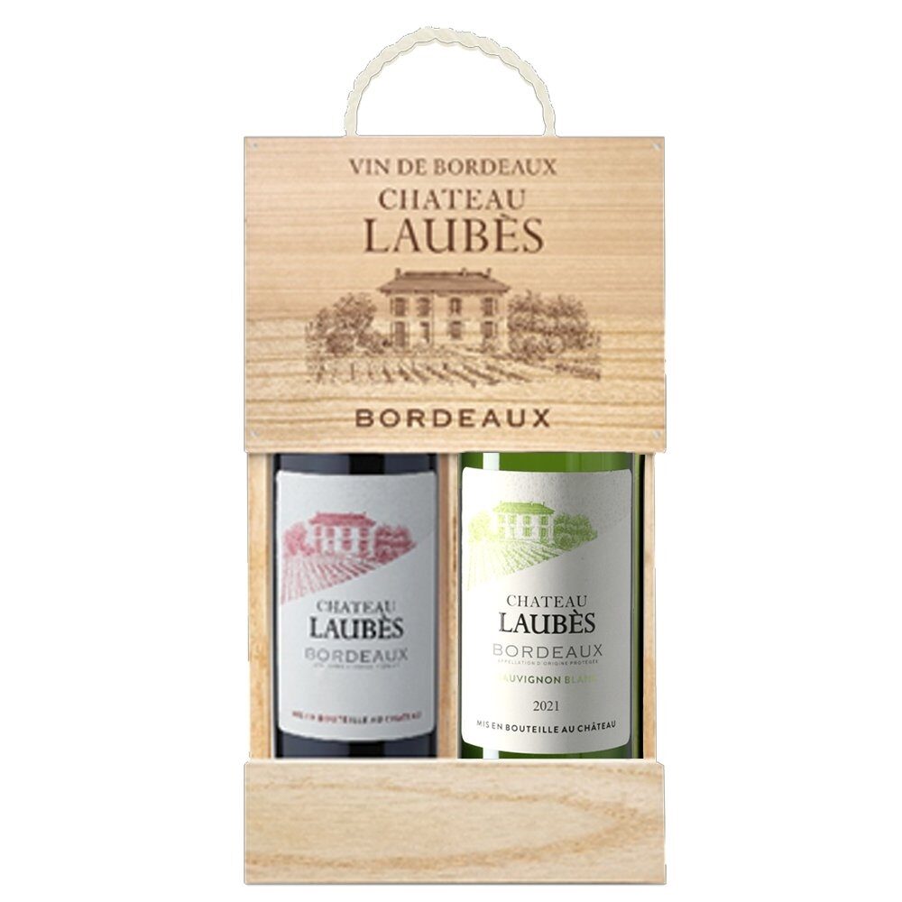 Chateau Laubes, Bordeaux in Wooden Gift Box with: White & Red, 2x75cl