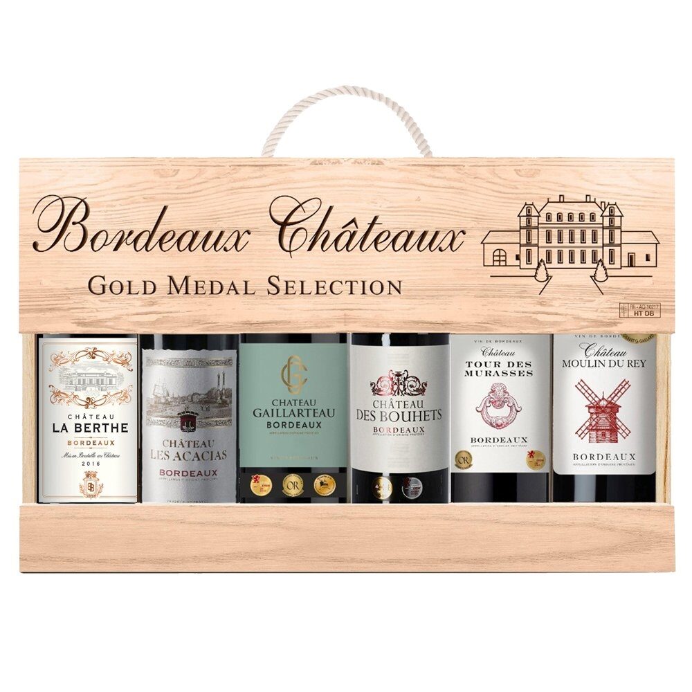 Chateaux Gold Medal Selection, 6x75cl Red Wines from Bordeaux, France, in Wooden Gift Box