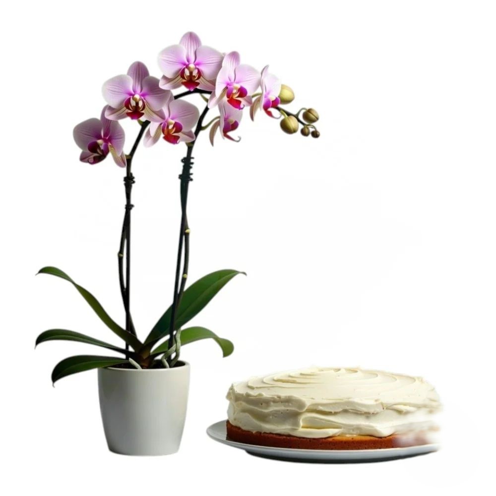 Pink orchid plant with cream cake (Refined)
