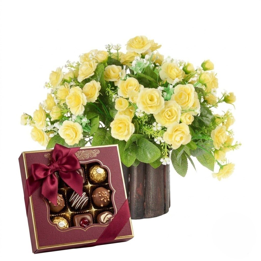 Basket of yellow roses with chocolates (Refined)