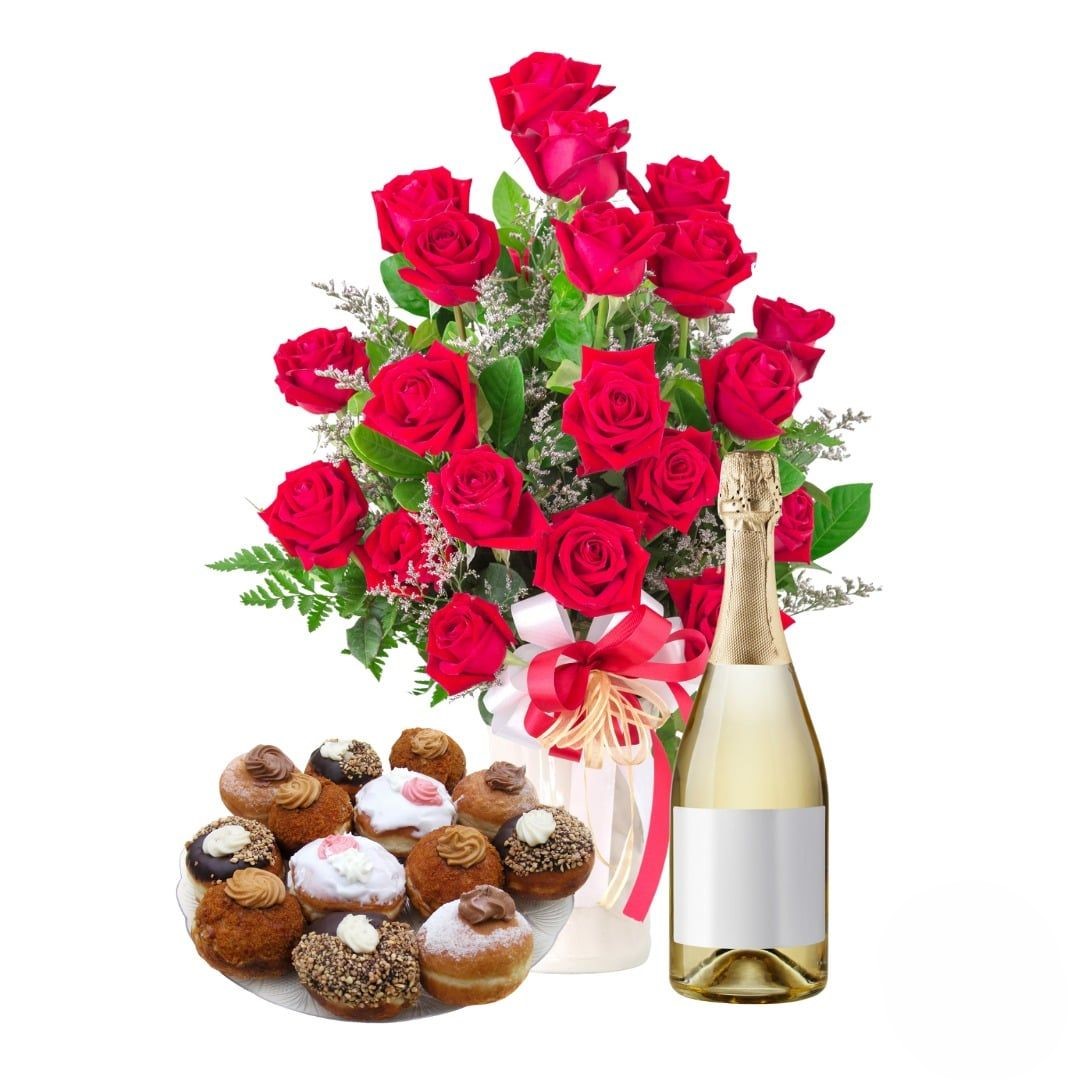 Vase arrangement of red roses with sparkling wine and sweets (Refined)